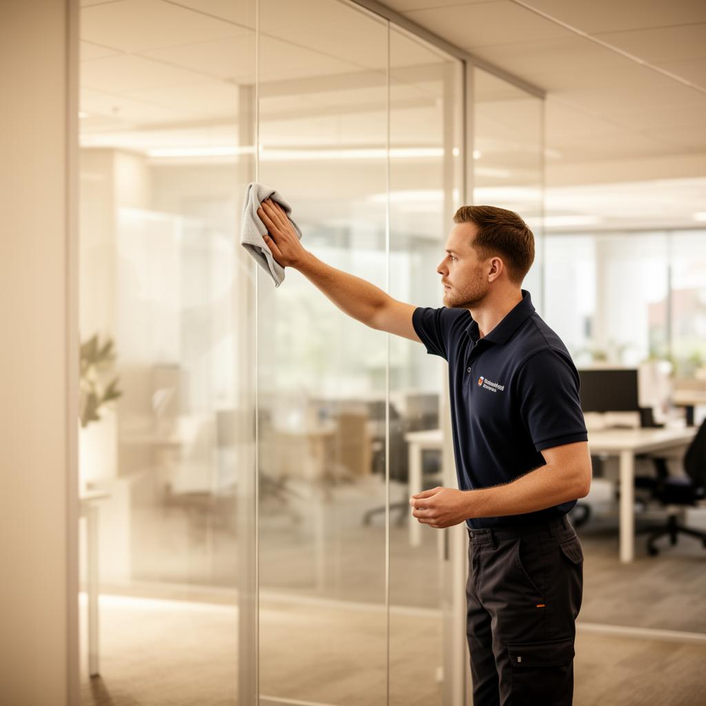 Professional commercial cleaner working in a modern Perth office